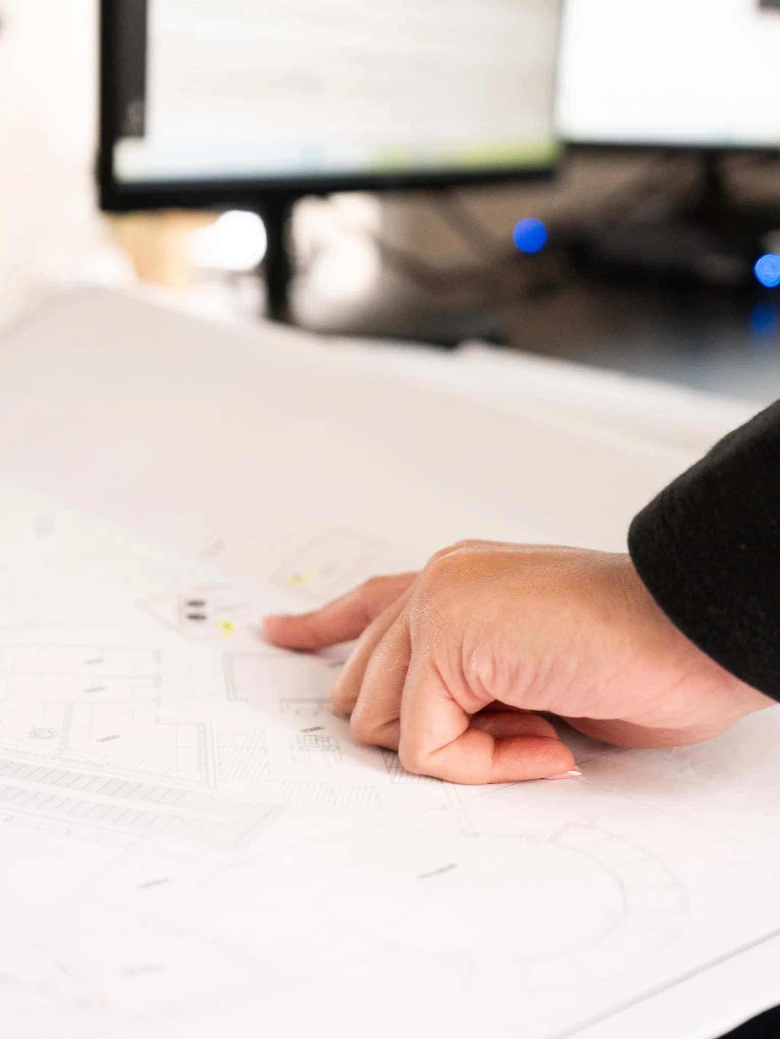 Hand resting on printed floor-plan drawings on a desk with monitors in the background